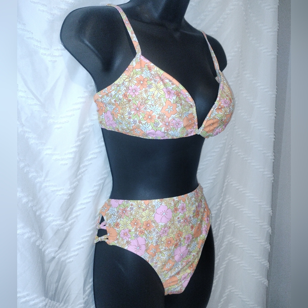 NWOT Ninety-Nine Retro Floral High-Waist Bikini Set - Size M Pink Yellow Orange